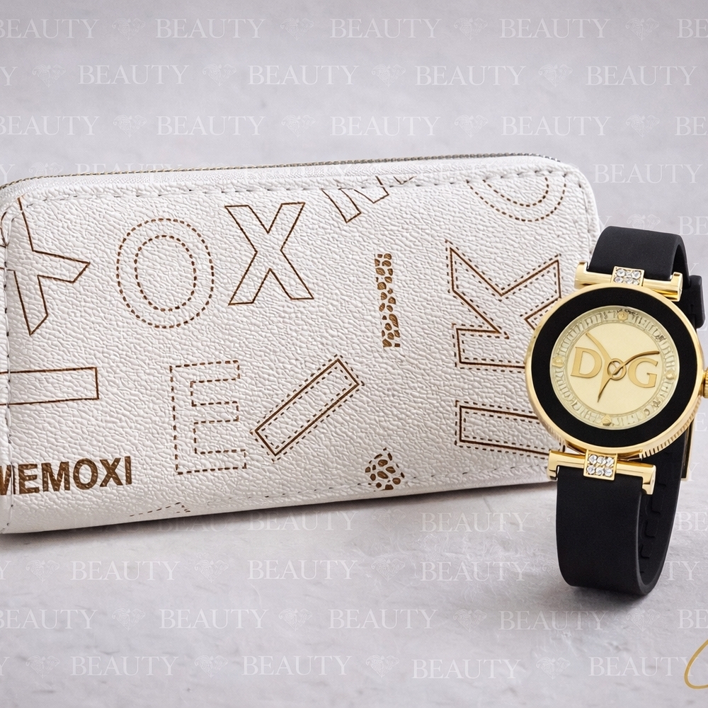 White and Gold Wallet with Black and Gold Watch